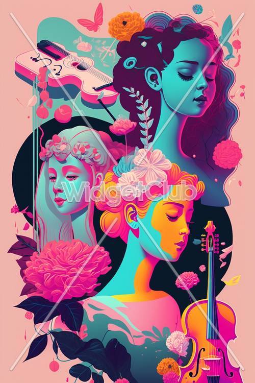 ภาพบุคคลสีสันสดใสของผู้หญิงด้วยดอกไม้และดนตรี