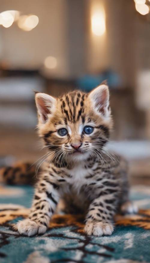 A playful kitten rolling on a rug with a leopard print