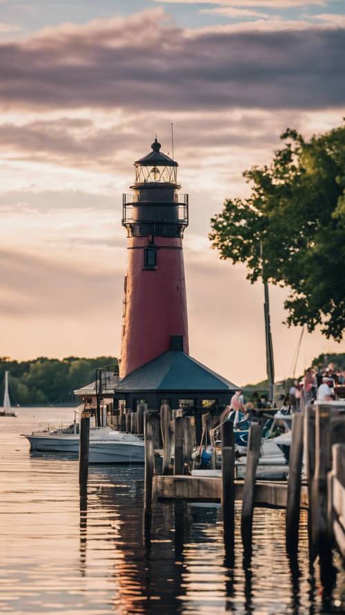 Downtown South Haven's lighthouse and marina during the famous Blueberry Festival.