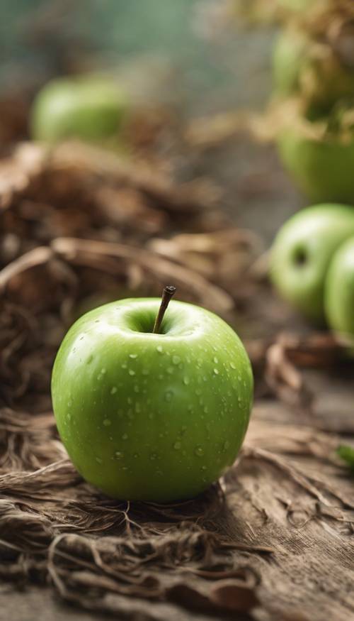 Gambar detail berfokus pada apel hijau dengan batang coklat.