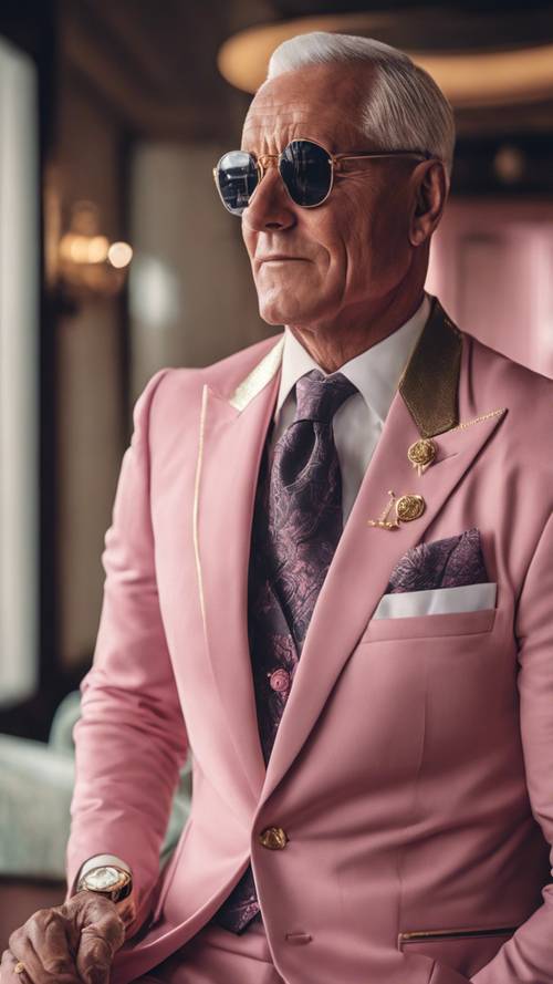 Traje de festa para cavalheiros com terno rosa com detalhes e acessórios dourados.