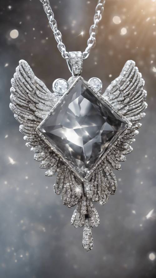 A gray diamond wrapped in the wings of a silver angel pendant.