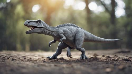 A gray dinosaur chasing his tail in a playful mood.