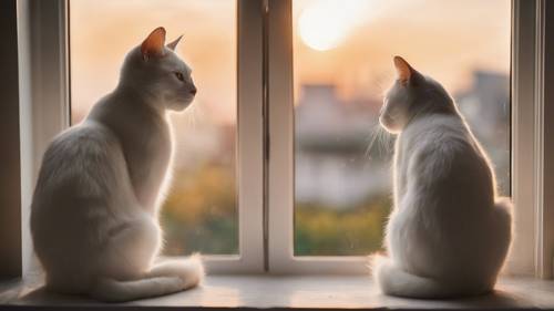 Une paire de chats blancs profitant d’un coucher de soleil serein depuis un rebord de fenêtre.