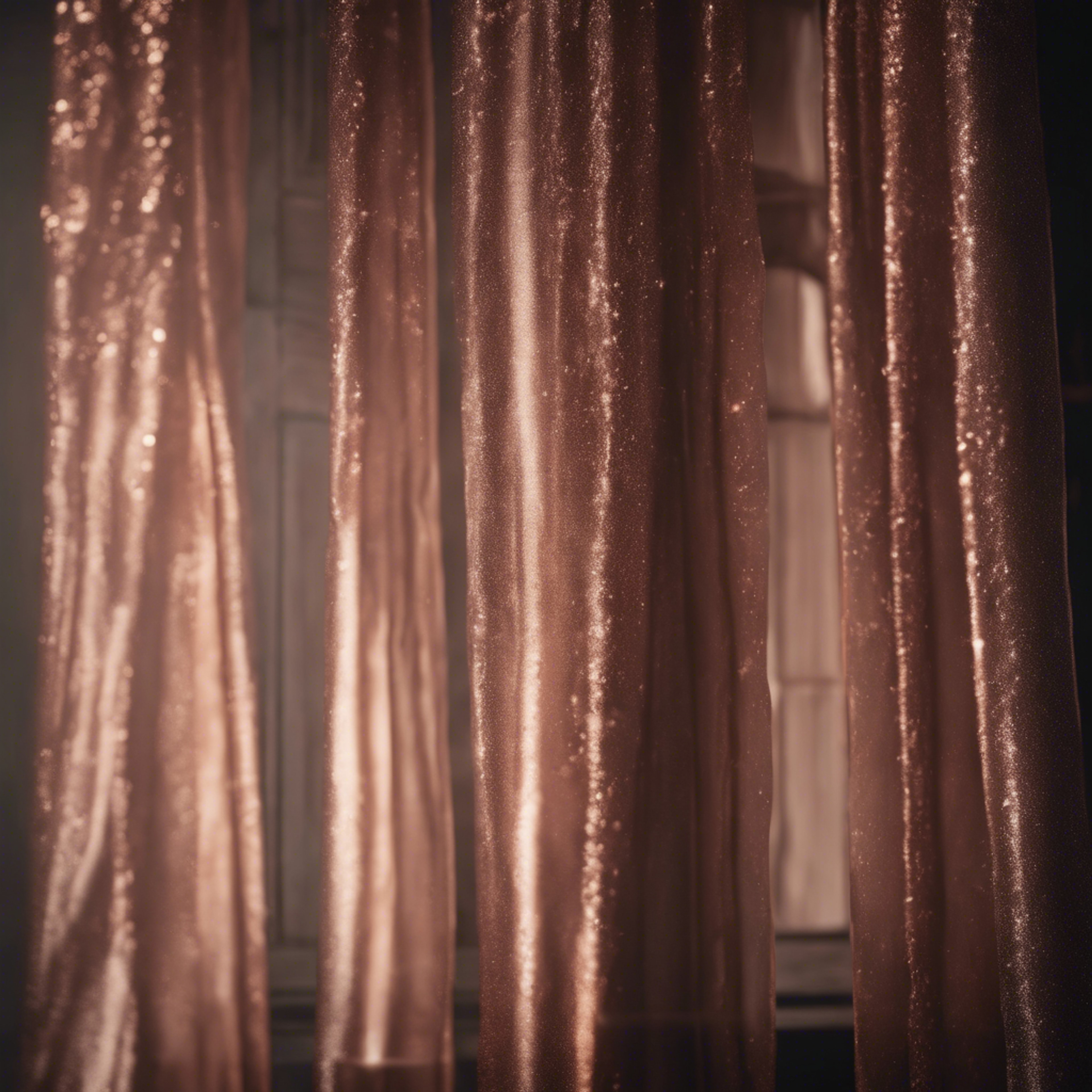 A lush rose gold curtain falling gracefully against a dark, wooden floor. Wallpaper[2a1d745c8031439ca98c]