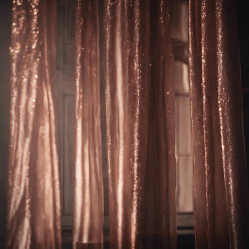 A lush rose gold curtain falling gracefully against a dark, wooden floor.
