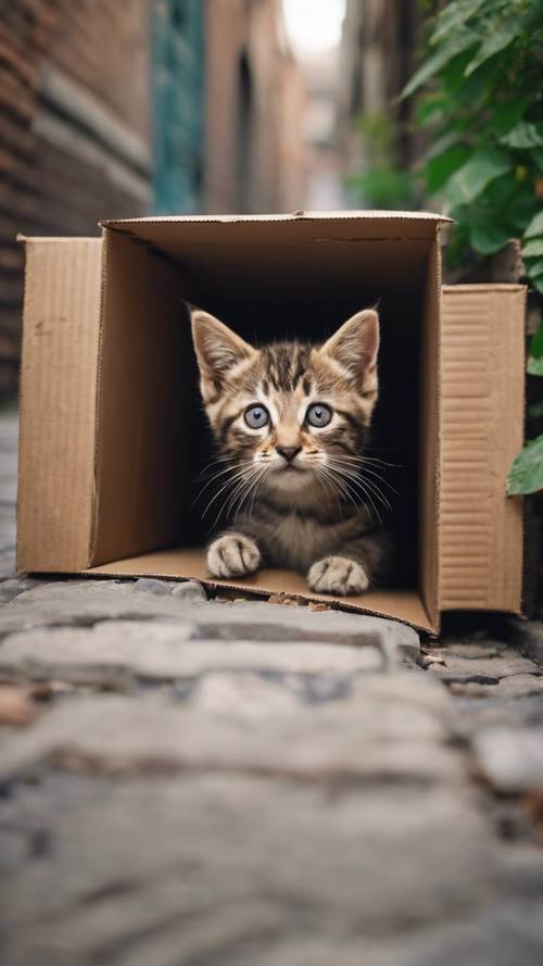An adorable tabby kitten peeking out of a discarded cardboard box in an alleyway.