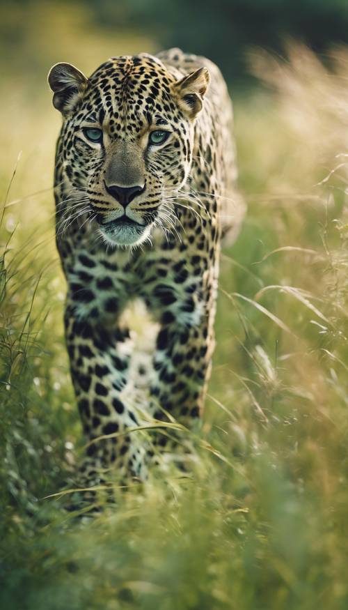 Ein jadegrüner Leopard bewegt sich heimlich durch hohes Gras.