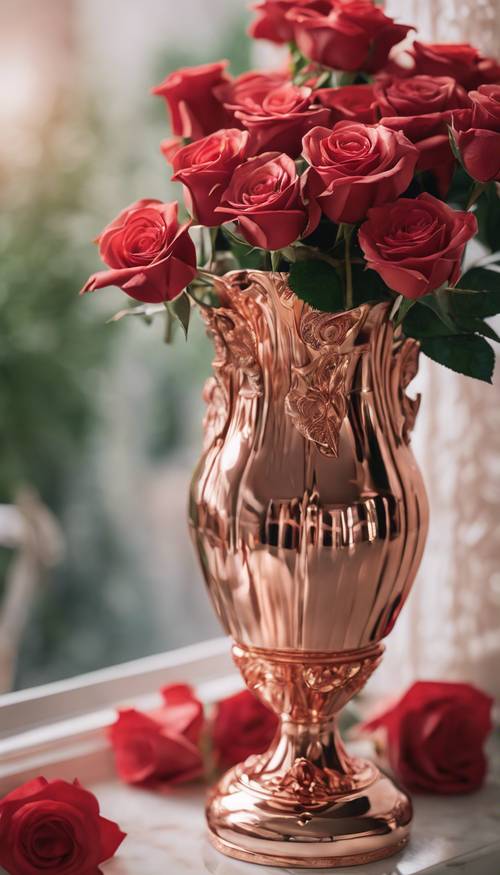אגרטל זהב ורוד המכיל צרור ורדים אדומים.