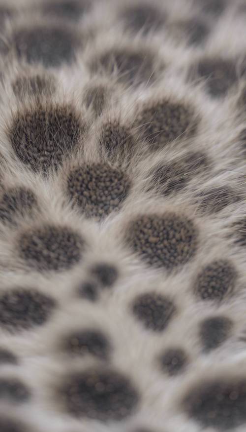 회색 치타 털의 매크로 샷으로 몸의 캔버스 전체에 흩어져 있는 놀랍도록 무작위적인 점을 보여줍니다.