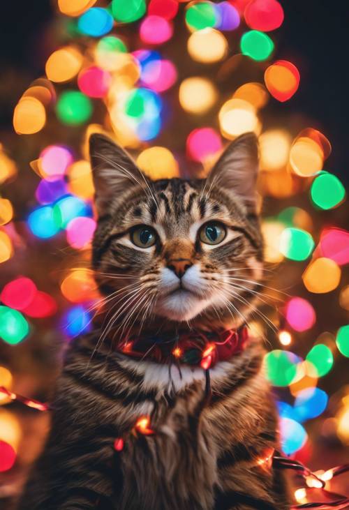 Um gato malhado brincalhão se enroscando em um rolo de luzes de Natal multicoloridas.