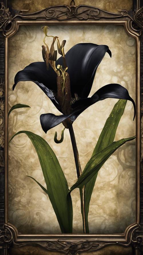 Steampunk stylize art featuring a black lily in a tarnished brass frame.