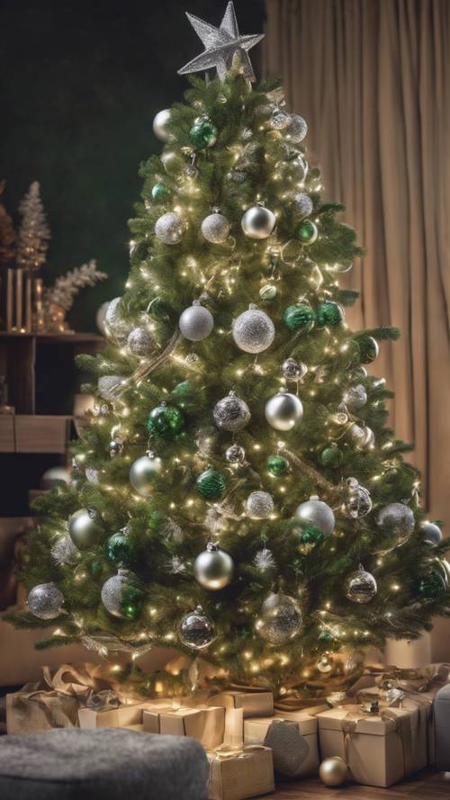 Uma árvore de Natal vibrante decorada com enfeites verdes e enfeites prateados em uma aconchegante sala de estar.