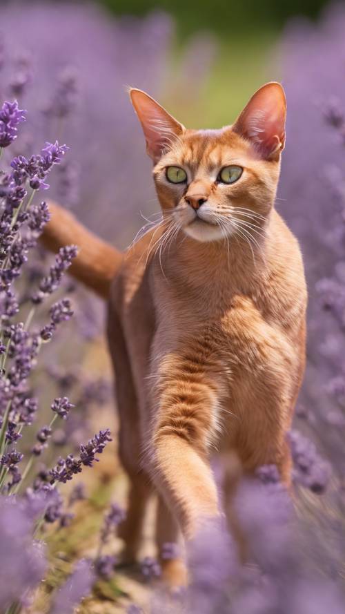 Seekor kucing Abyssinian merah muda dengan kilauan nakal di matanya, berjingkrak di sekitar ladang lavender yang semarak.