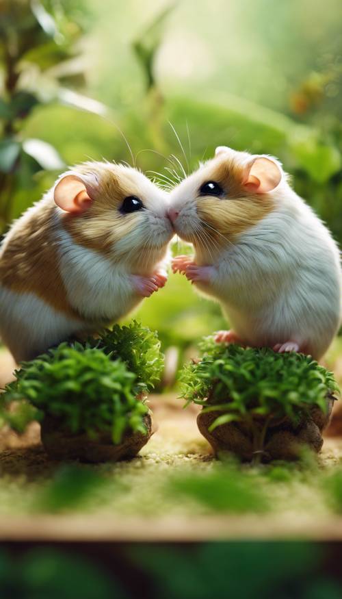 Two Roborovski hamsters standing upright, greeting each other against the backdrop of a lush green terrarium.