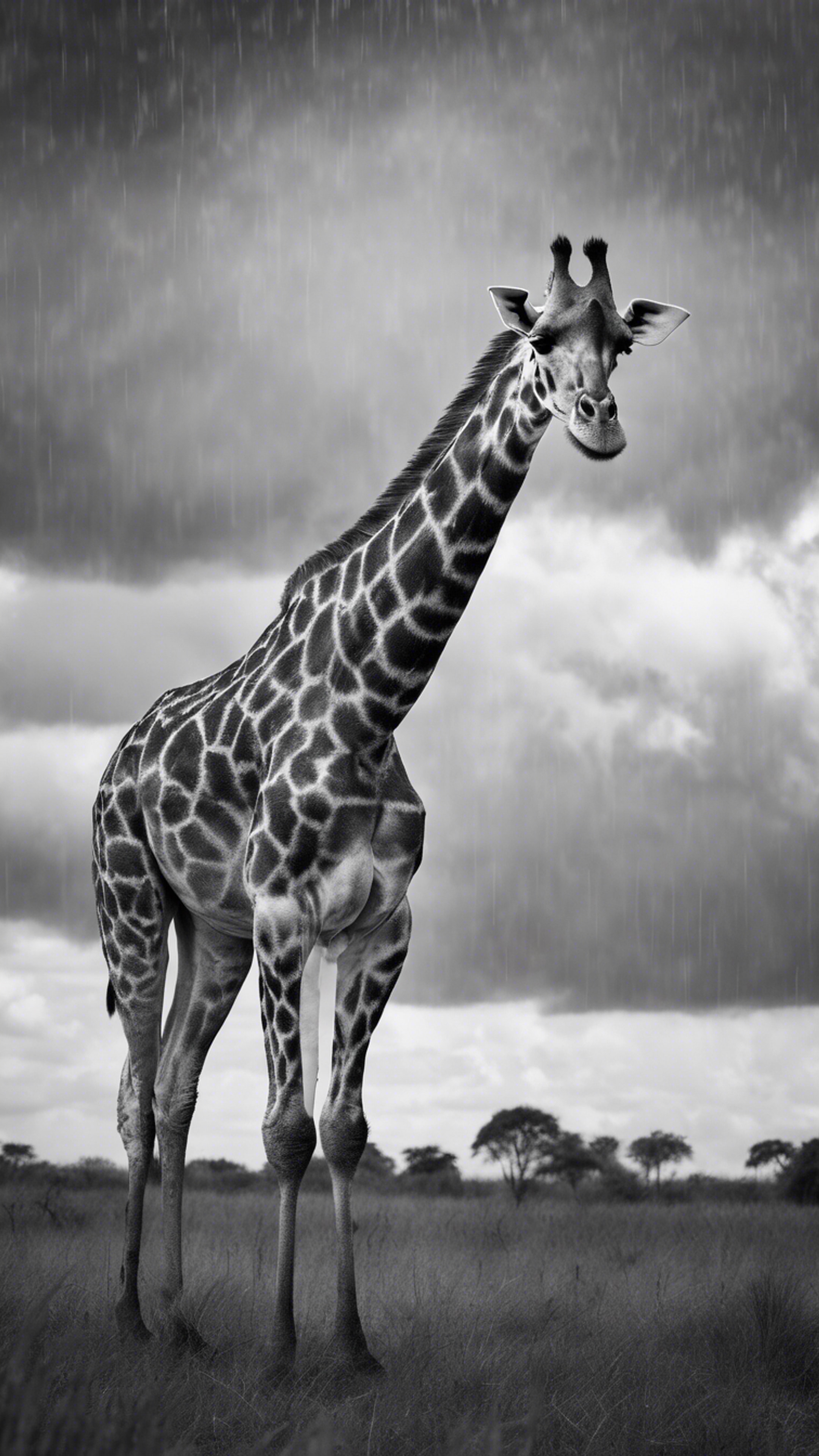 A beautifully photographed black and white image of a giraffe sauntering under rain clouds. טפט[33f5eecce55b4c40952e]