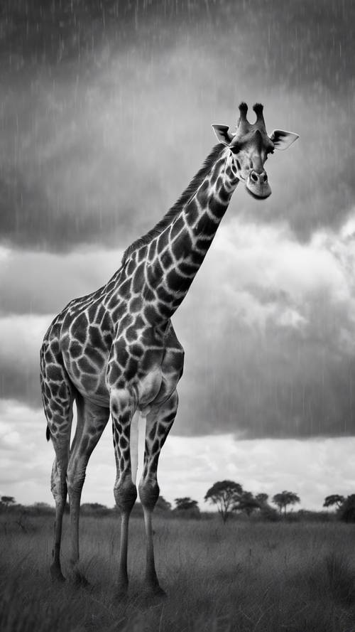 Yağmur bulutlarının altında gezinen bir zürafanın güzelce fotoğraflanmış siyah beyaz görüntüsü.