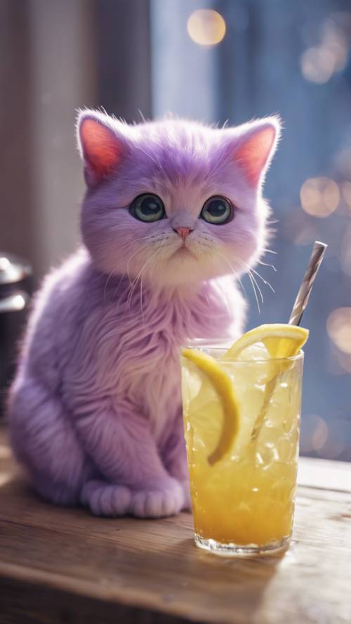 Eine kawaii lila Katze mit großen Augen, die neben einem Glas Limonade sitzt.