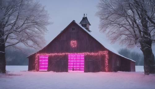 Eine rustikale Scheune, die mit strahlend rosa Weihnachtslichtern geschmückt ist, inmitten eines schneebedeckten Feldes.