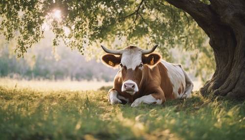 Gambar seekor sapi jinak dan berkulit terang sedang beristirahat di bawah pohon.