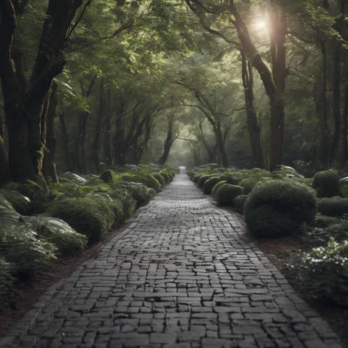 Un amplio camino de ladrillo negro que conduce a un bosque sereno.