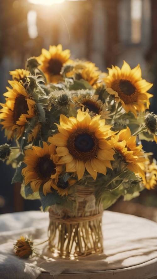 A Victorian-era bouquet of golden sunflowers