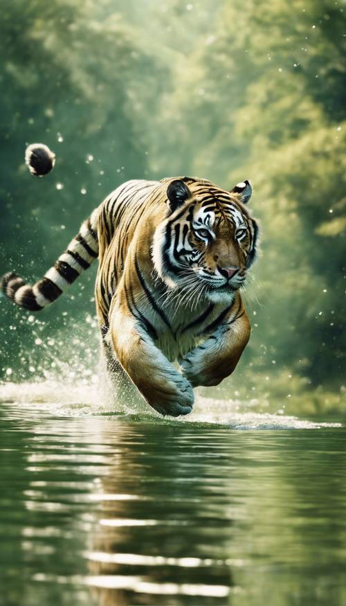 A green tiger gracefully leaping over a wide, glistening river, its viridian stripes leaving a faint trail in the air.