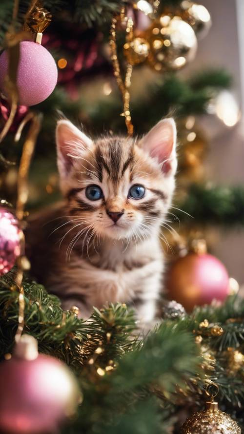 A curious kitten with pink fur investigating shiny gold ornaments on a Christmas tree.