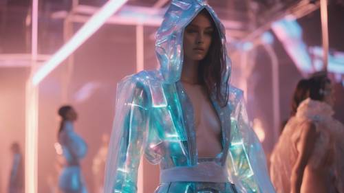 未来のファッションショーのテーマを壁紙化。モデルが宇宙的で光り輝く透明な服を着て、ホログラフィックなデザインが際立つ