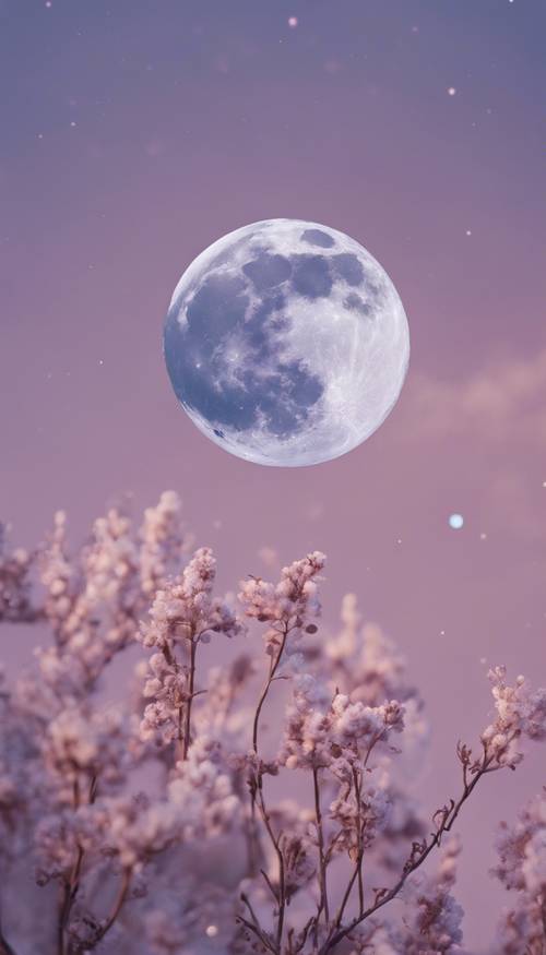 Bulan berwarna pastel, purnama dan bercahaya, berlatar belakang langit berwarna ungu dan biru lembut.