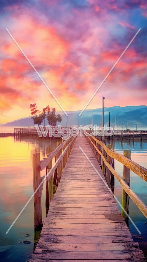 Sunset Dock with Colorful Sky and Mountains