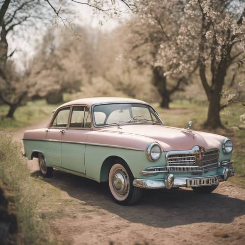 İlkbaharda kırsal bir ortamda park edilmiş eski bir pastel araba.