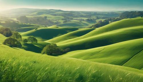 在明亮的藍天下，連綿起伏的綠色山丘的平靜全景。