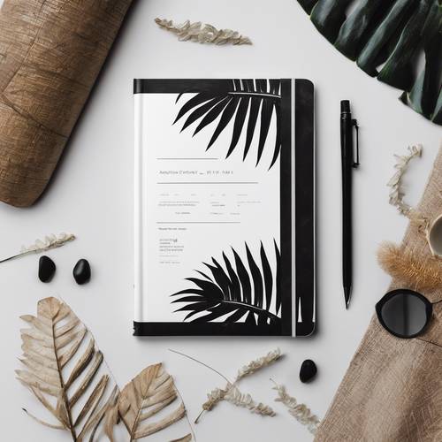 Um caderno com desenho de capa com uma folha de palmeira preta.