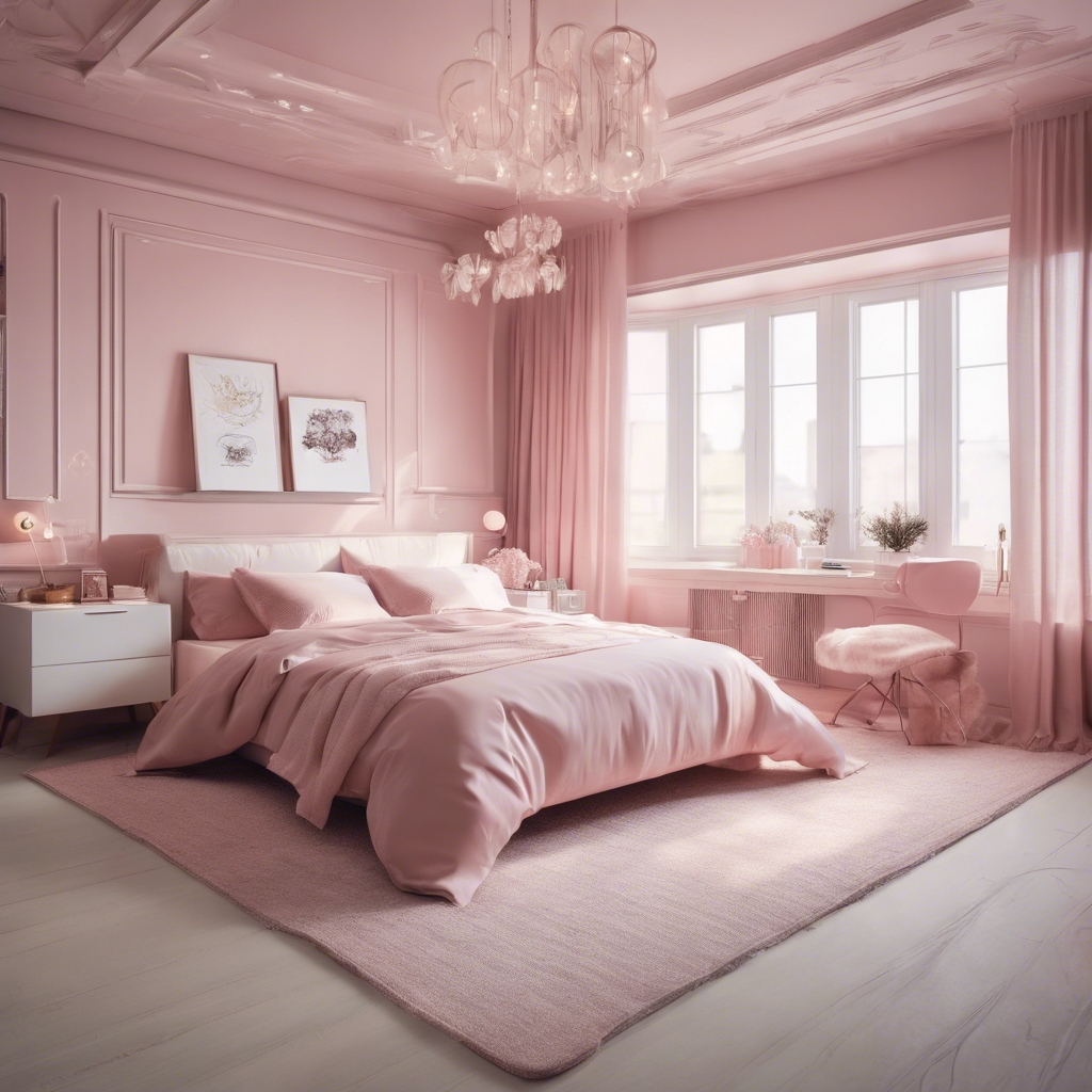 A modern bedroom design with elegant pink and white color scheme. Sfondo[a877283f6d3c4e25a7b0]