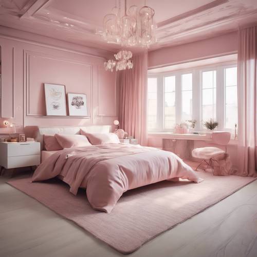 Una camera da letto dal design moderno con un&#39;elegante combinazione di colori rosa e bianco.