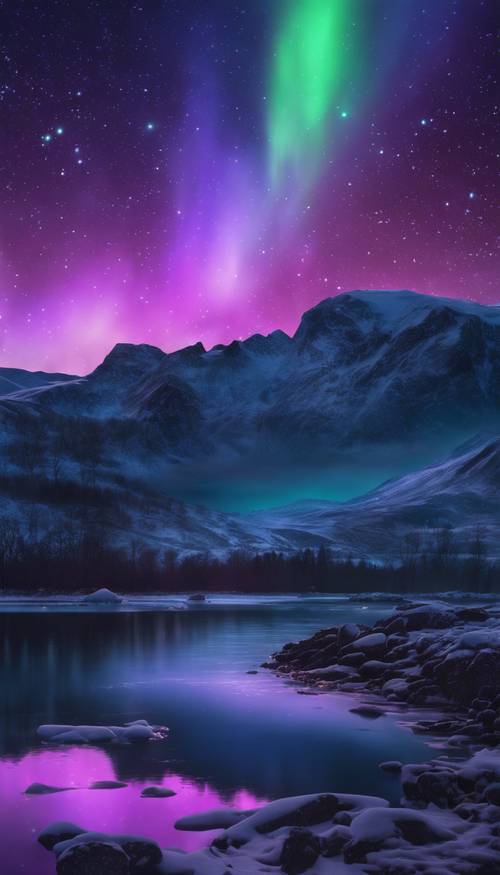 Gece gökyüzünde neo-mavi ve mor kuzey ışıklarının ışıltılı görüntüsü.