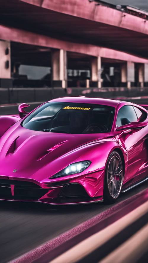 A sleek, modern sports car racing on a highway, painted in a glossy, dark pink finish.