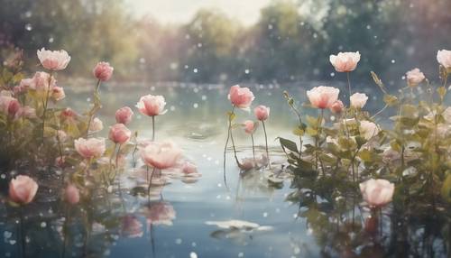 穏やかな池に浮かぶ花々の水彩画