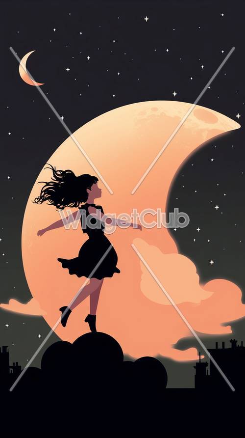 Girl on a Crescent Moon Under Starry Sky