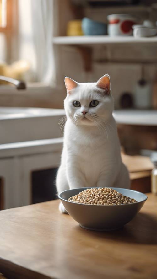 A chubby white British shorthair eating a bowl of cat food in a warmly lit kitchen.