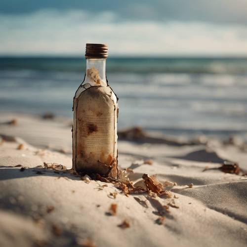Sebuah perkamen tua yang tergeletak di dalam botol yang sudah berkarat di tepi pantai.