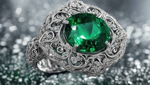 A dazzling green emerald encased in a complex silver setting. Tapet [88294318de5e4177b81d]