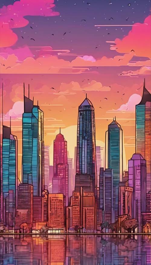 色彩斑斓的夕阳笼罩着城市天际线，可爱的动物形状的摩天大楼勾勒出轮廓。