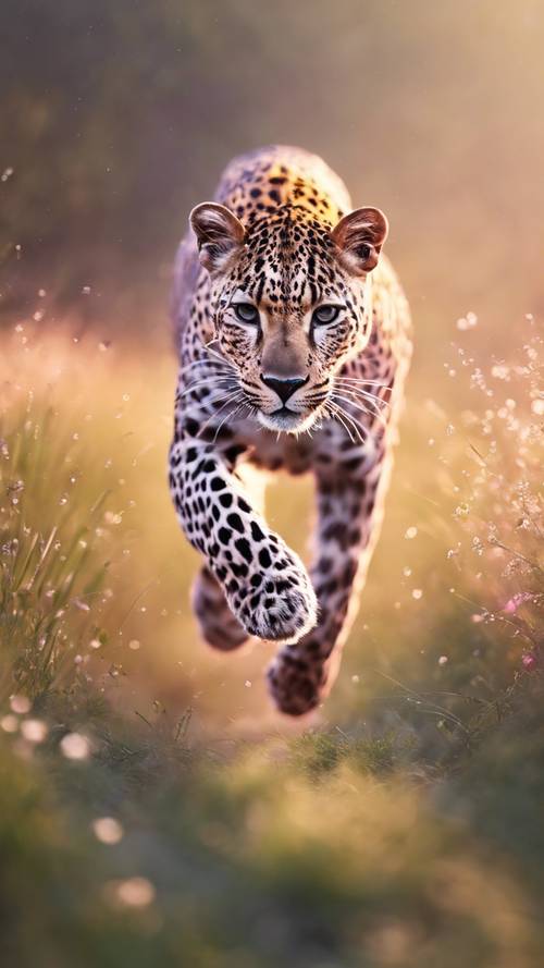 A pink leopard running swiftly across a dewy meadow during sunrise.