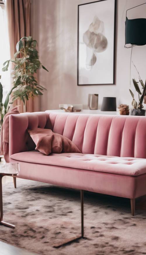 Sofa beludru merah muda yang nyaman di ruang tamu minimalis modern.