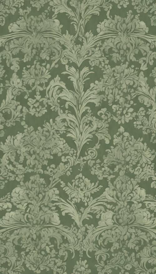 A sage green damask pattern on an antique piece of furniture.