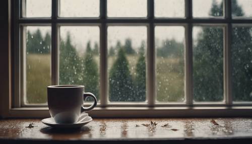 Una tormenta eléctrica de estilo cottagecore vista desde una ventana acogedora, con árboles empapados por la lluvia y una taza humeante de chocolate caliente en el alféizar de la ventana.