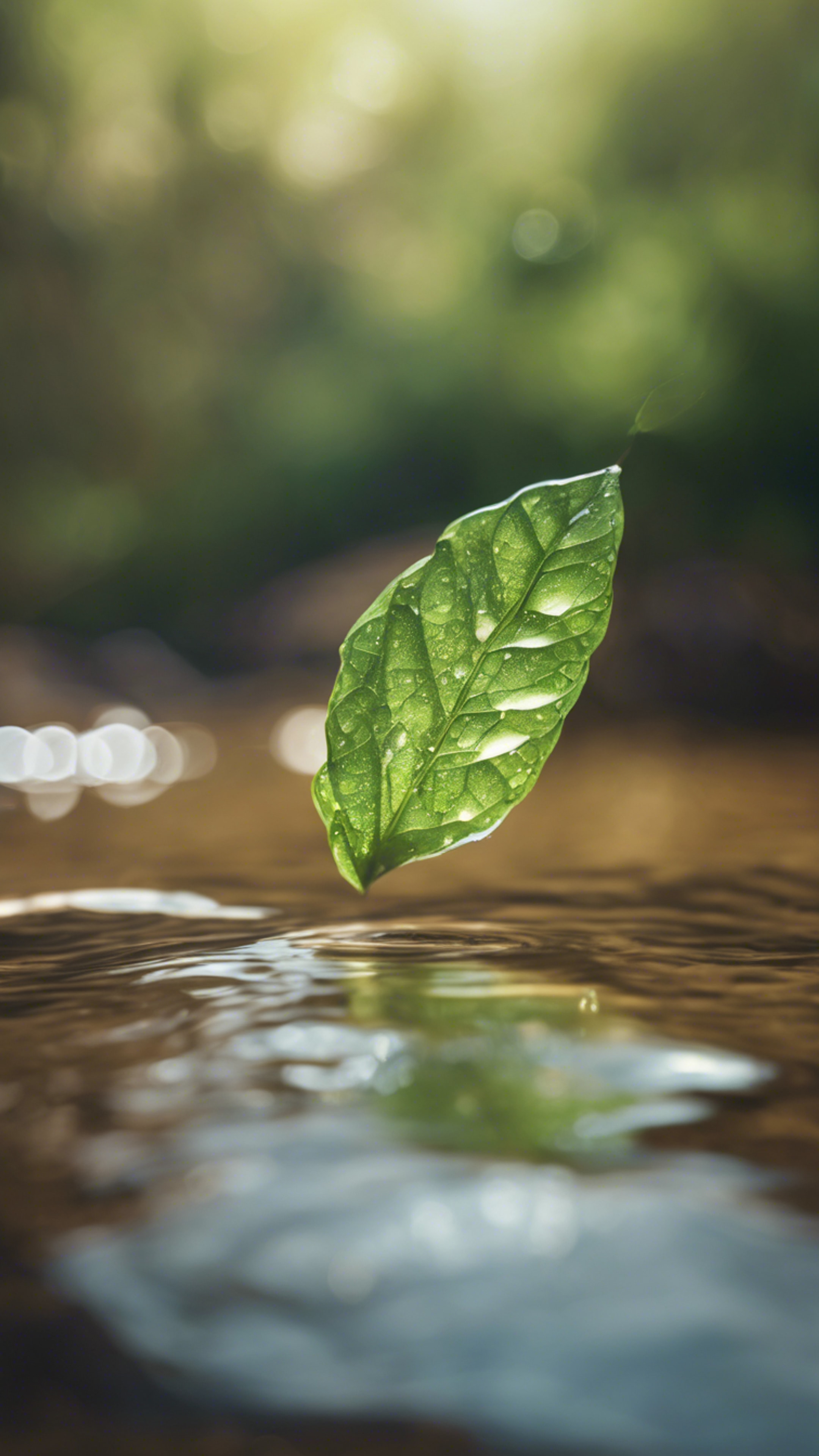 A single, dew-kissed green leaf floating on the gently flowing water of a brown river bed.壁紙[f57dd6740da24e10bc11]