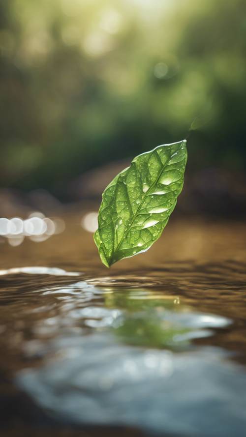 一片沾滿露珠的綠葉漂浮在棕色河床上緩緩流淌的水面上。